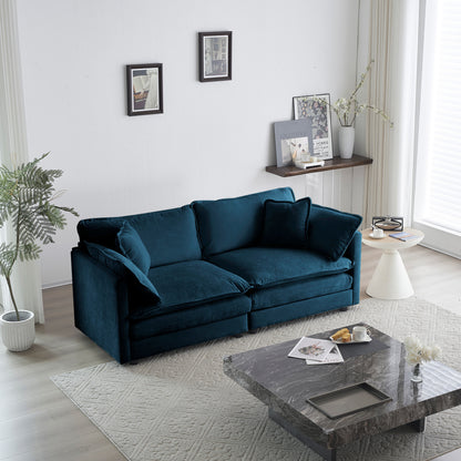 4 - Piece Upholstered Sectional Sofa, 1 - Piece of 2 Seater Sofa and 2- Piece of Ottomans, 2 Seater Loveseat Lounge with Ottomans, Blue Chenille