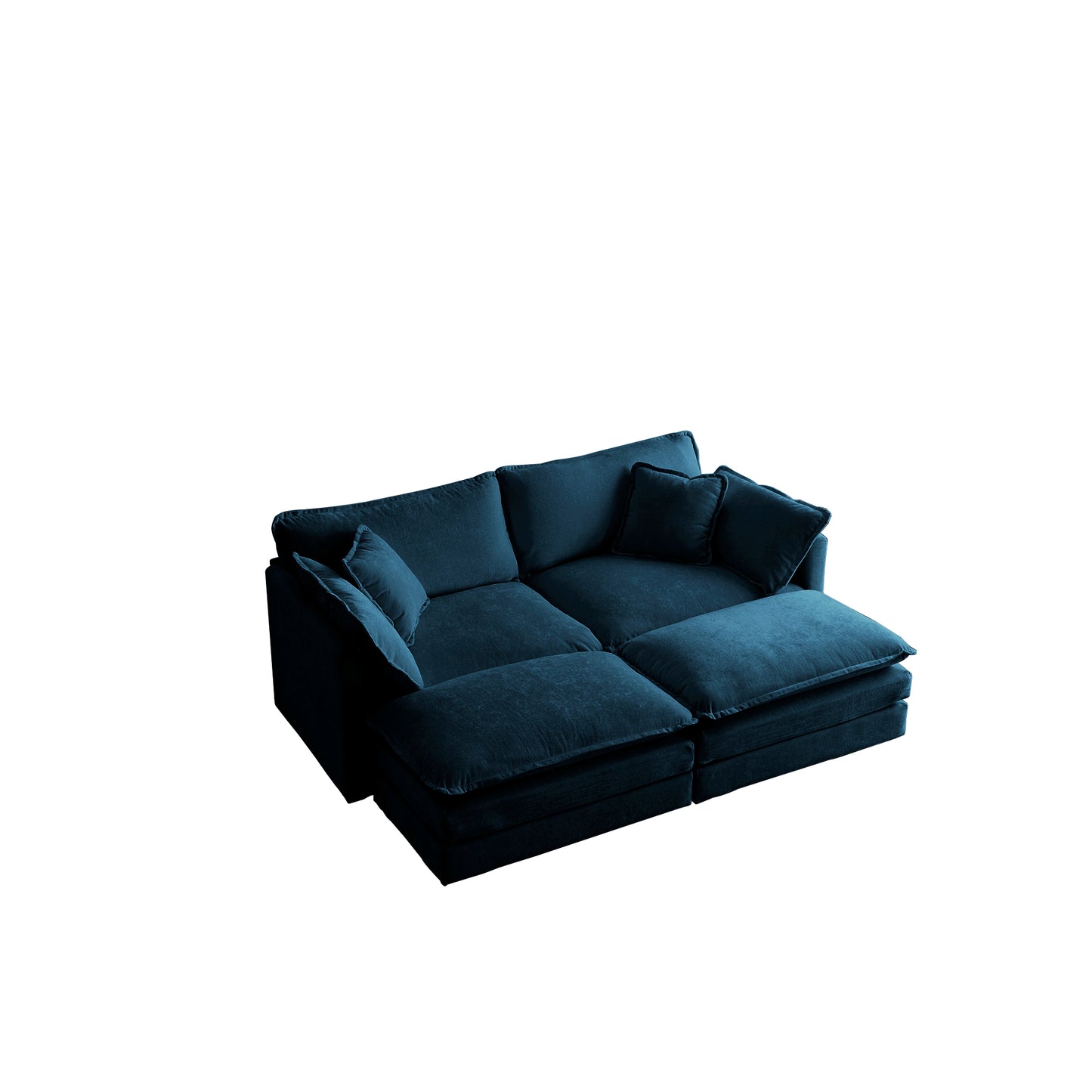 4 - Piece Upholstered Sectional Sofa, 1 - Piece of 2 Seater Sofa and 2- Piece of Ottomans, 2 Seater Loveseat Lounge with Ottomans, Blue Chenille