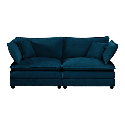 4 - Piece Upholstered Sectional Sofa, 1 - Piece of 2 Seater Sofa and 2- Piece of Ottomans, 2 Seater Loveseat Lounge with Ottomans, Blue Chenille