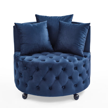 Velvet Upholstered Swivel Chair for Living Room, with Button Tufted Design and Movable Wheels, Including 3 Pillows, Blue