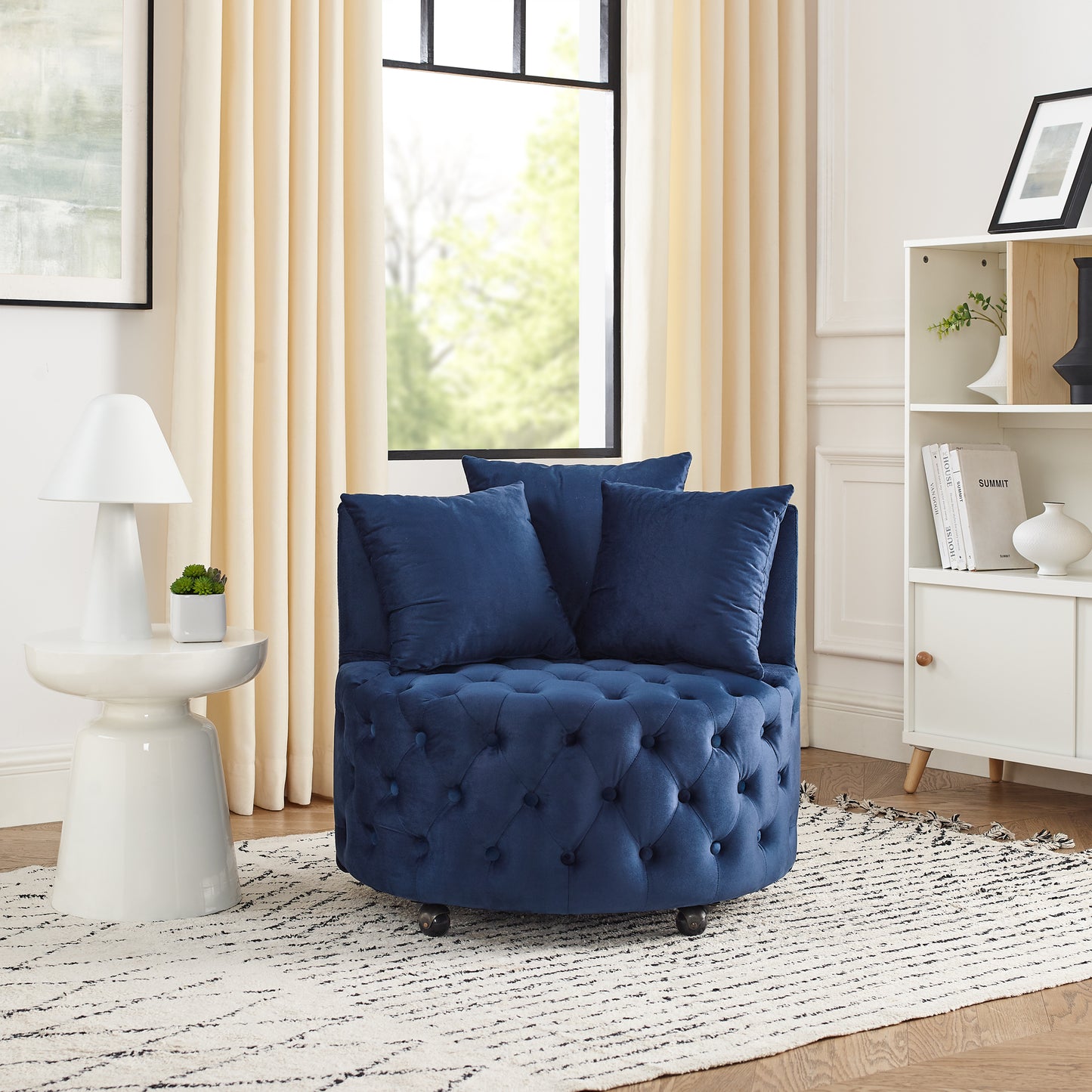 Velvet Upholstered Swivel Chair for Living Room, with Button Tufted Design and Movable Wheels, Including 3 Pillows, Blue