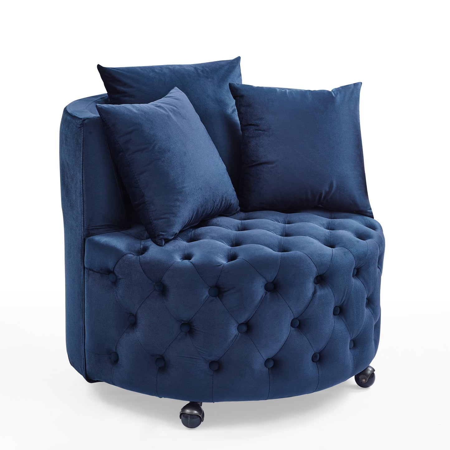 Velvet Upholstered Swivel Chair for Living Room, with Button Tufted Design and Movable Wheels, Including 3 Pillows, Blue