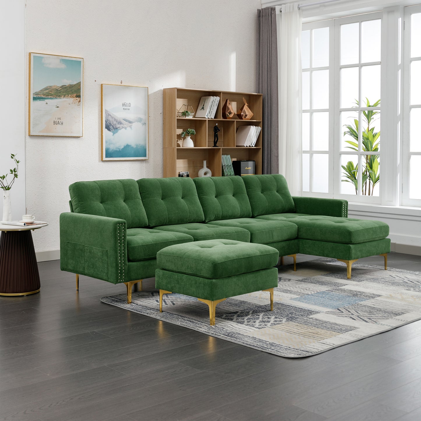 110" L-Shape Convertible Sectional Sofa Couch with Movable Ottoman for Living Room, Apartment, Office, Green