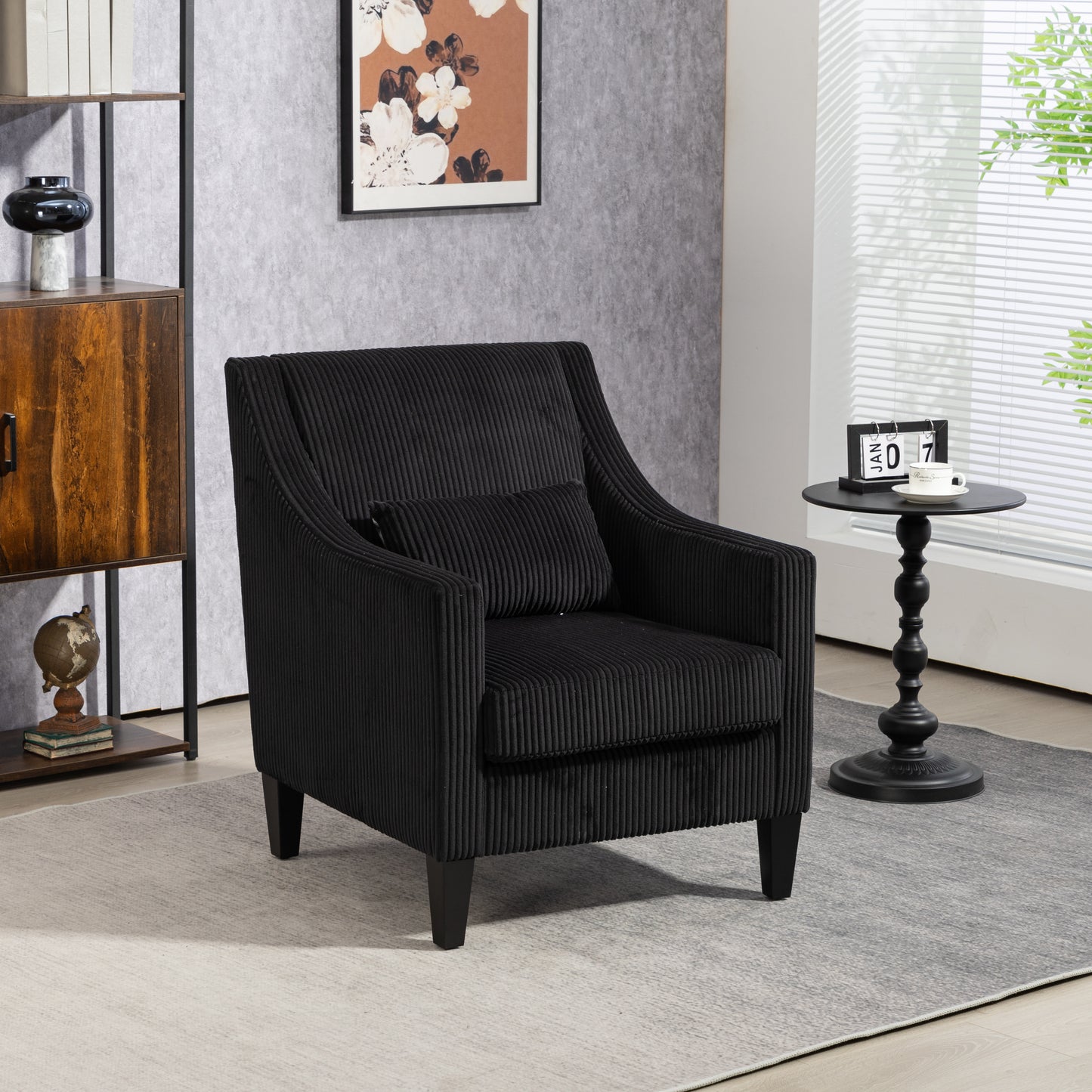 Modern Accent Chair,Upholstered Armchair with Scooped Arms for Bedroom,Apartment,Studio,Office,Waiting Room(Black Corduroy)