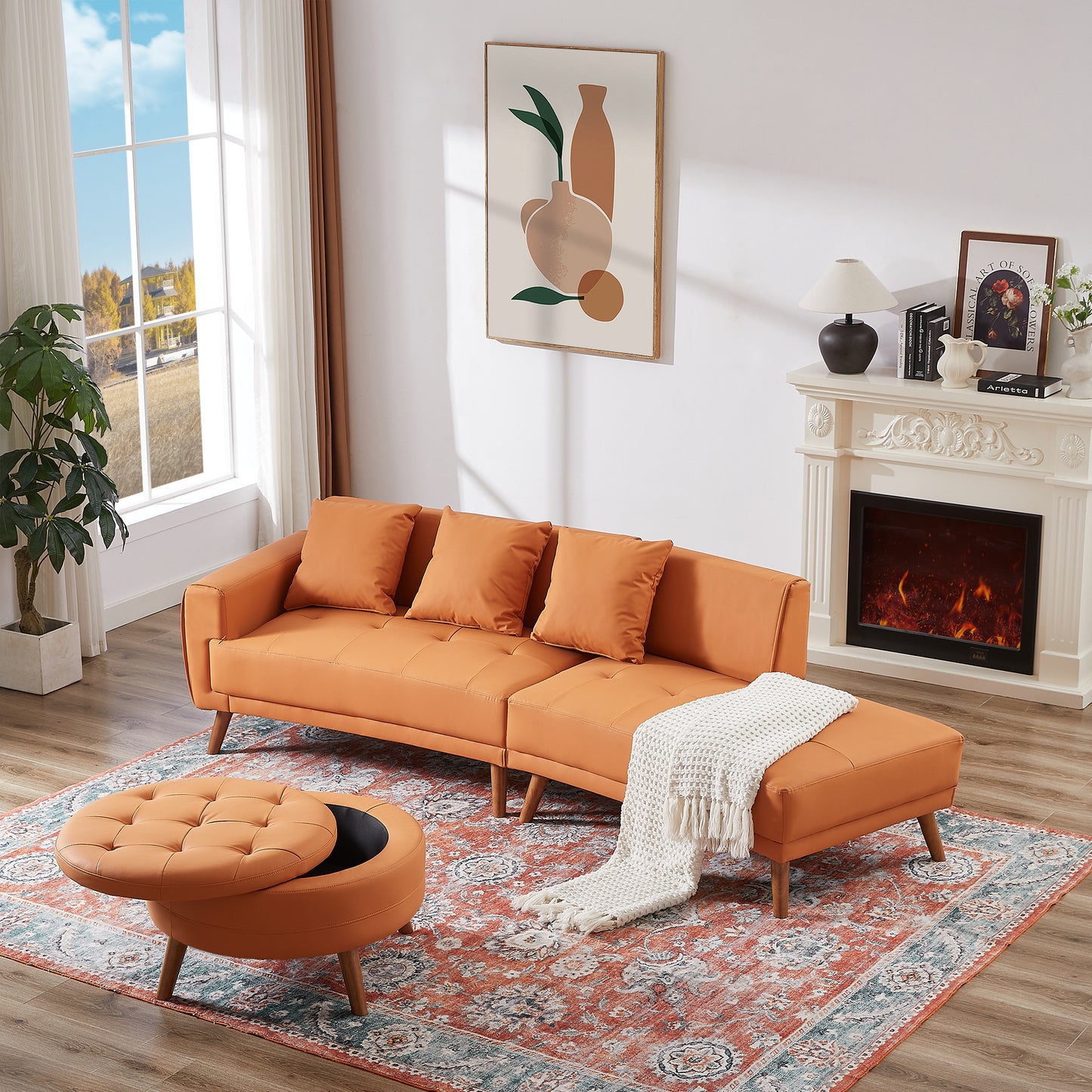 107" Contemporary Sofa Stylish Sofa Couch with a Round Storage Ottoman and Three Removable Pillows for Living Room, Orange