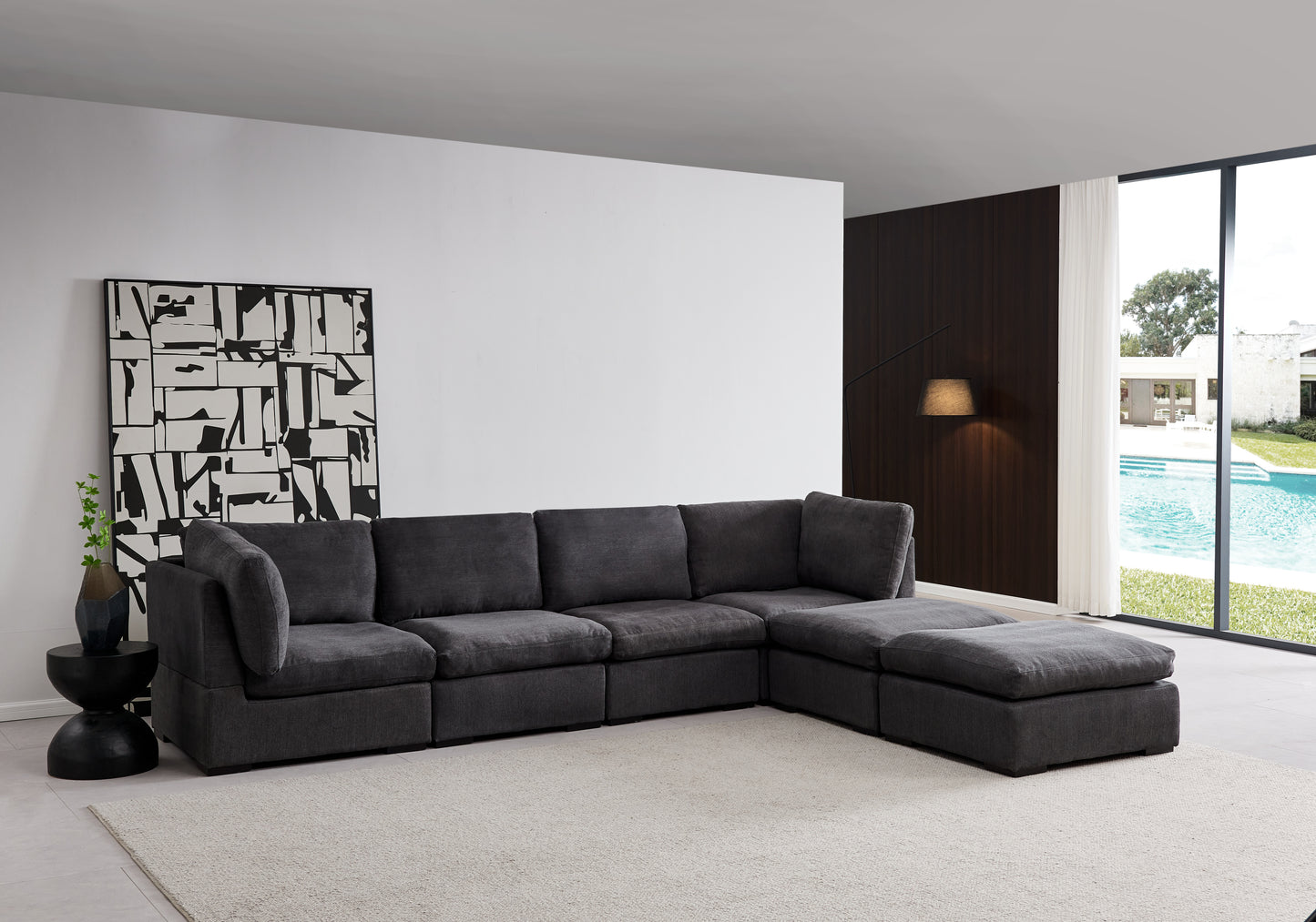 Modular Sofa with Ottoman,Filled with Down,Soft Linen Fabric,Dark Grey