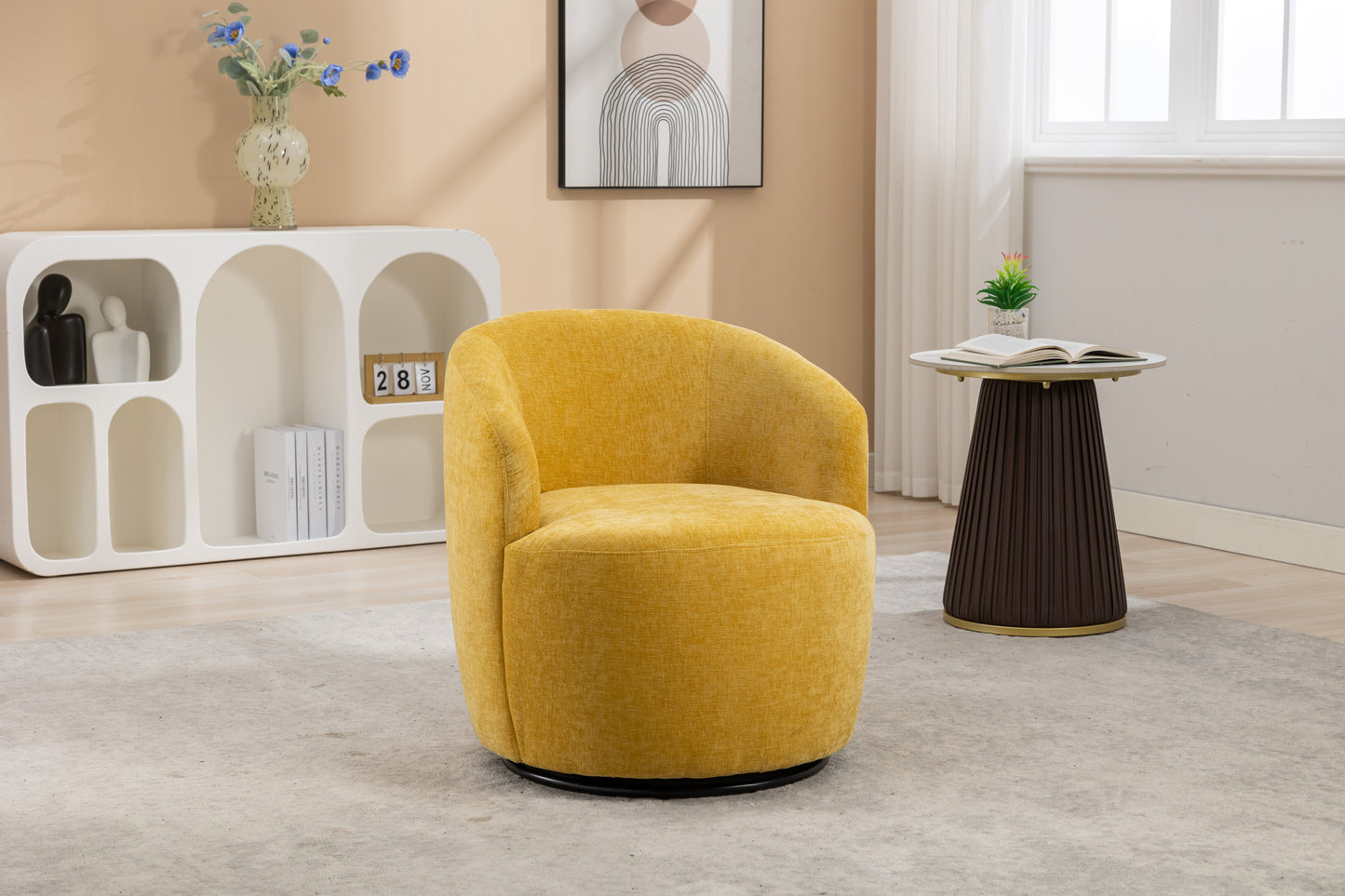 037-Chenille Fabric Swivel Accent Armchair Barrel Chair With Black Powder Coating Metal Ring,Yellow