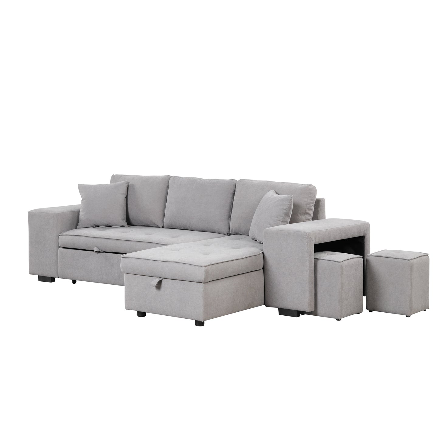 104.5" Pull Out Sleeper Sofa Reversible L-Shape 3 Seat Sectional Couch with Storage Chaise and 2 Stools for Living Room Furniture Set,Gray