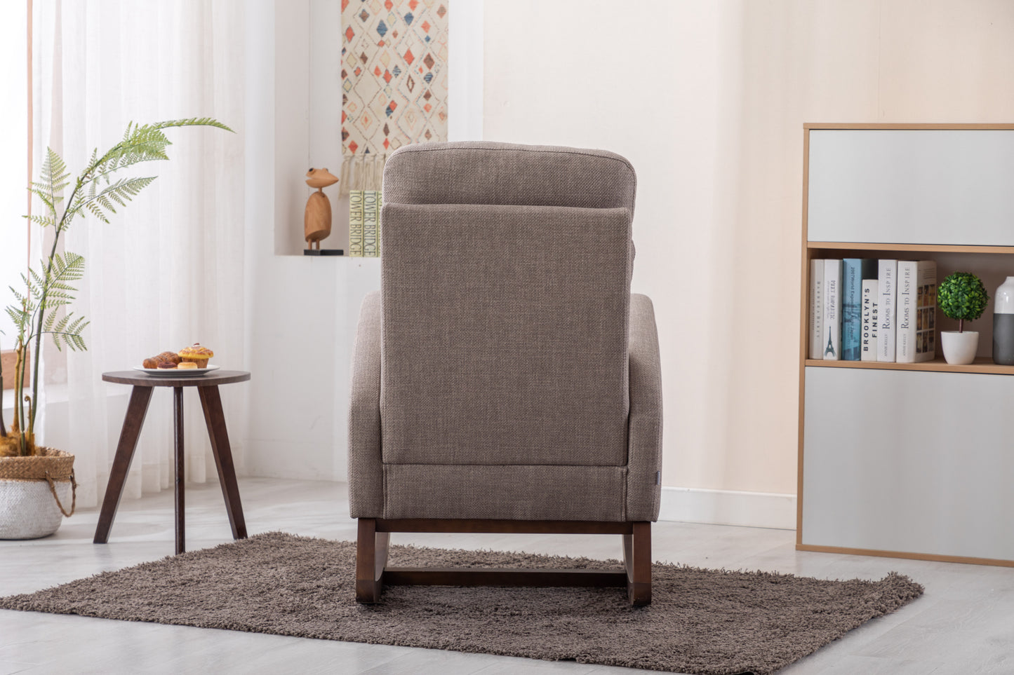 Rocking Chair, Modern Glider Chair, Recliner Armchair with Wood Legs and Side Pocket, Nursery Rocking Accent Chair with High Back for Living Room Bedroom (Grey linen)