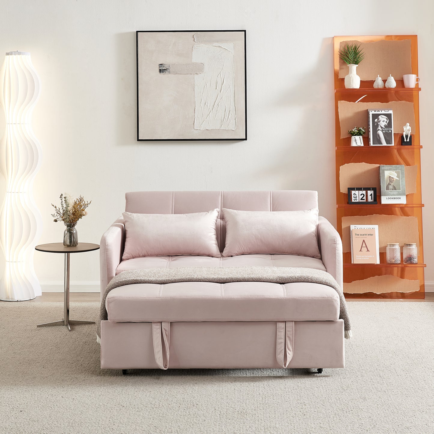 55.5" Twins Pull Out Sofa Bed Pink Velvet