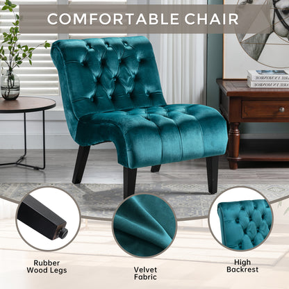 Modern Velvet Armless Accent Living Room Chair / Leisure Chair,Upholstered Fabric Button Comfortable Chair with Wooden Legs for Bedroom, Living Room, Office (Teal Velvet)