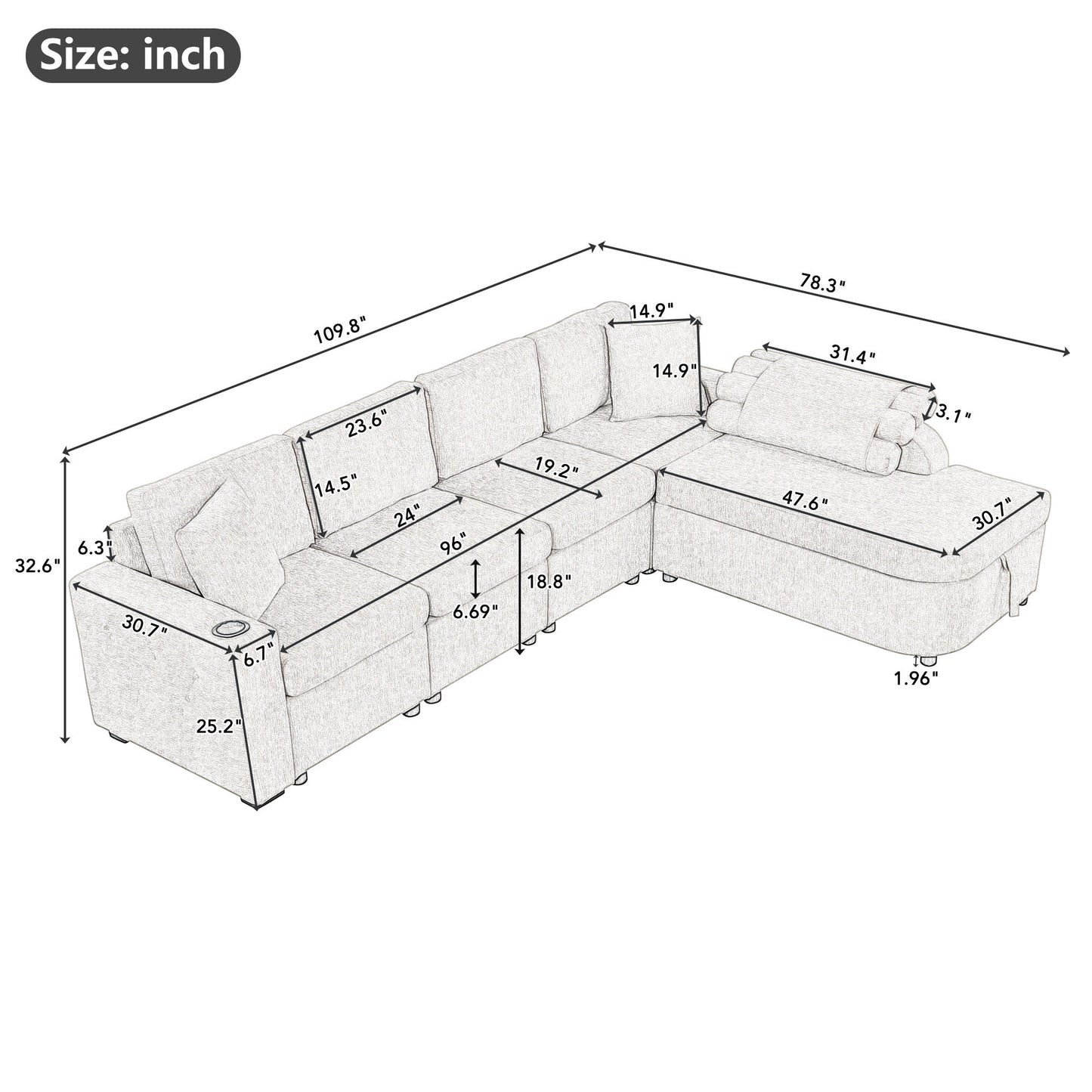 109.8"L-shaped Couch Sectional Sofa with Storage Chaise,Cup Holder and USB Ports for Living Room, Beige