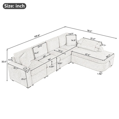 109.8"L-shaped Couch Sectional Sofa with Storage Chaise,Cup Holder and USB Ports for Living Room, Black