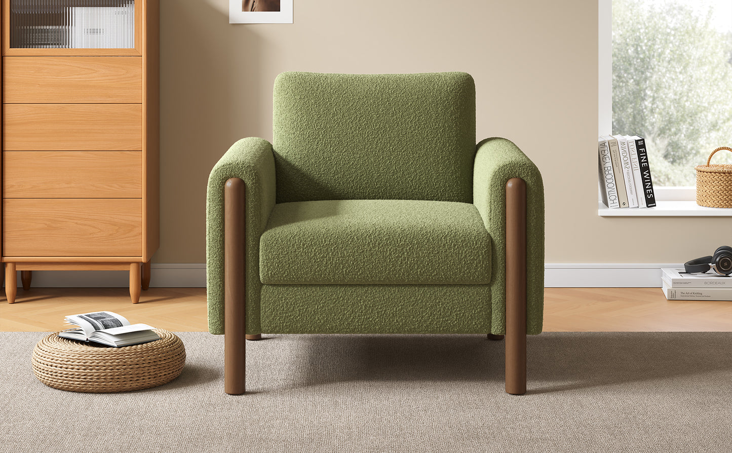 Oversized Accent Chair, Upholstered Living Room Chairs Single Sofa Chair with Walnut Legs, Curved handrail, Green