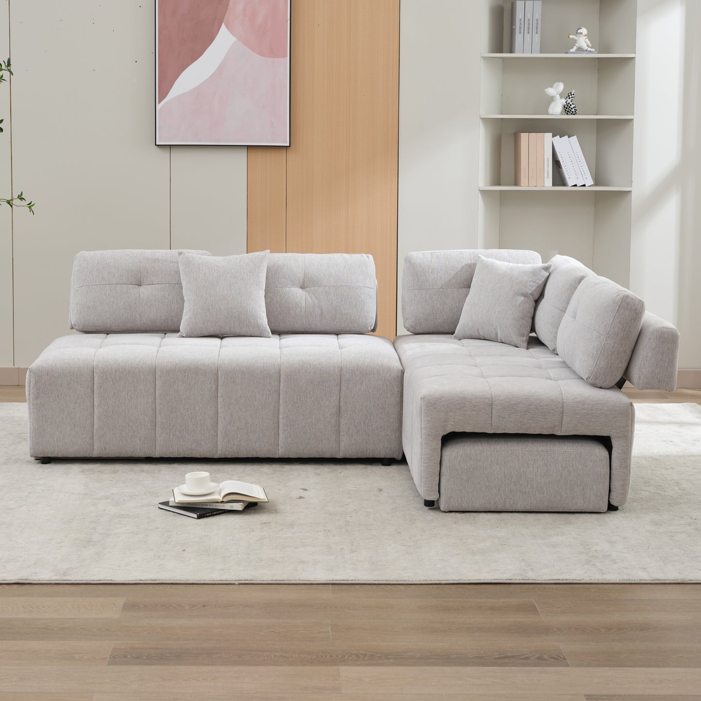 91.73" L-shaped Sofa Sectional Sofa Couch with 2 Stools and 2 Lumbar Pillows for Living Room, Light Grey