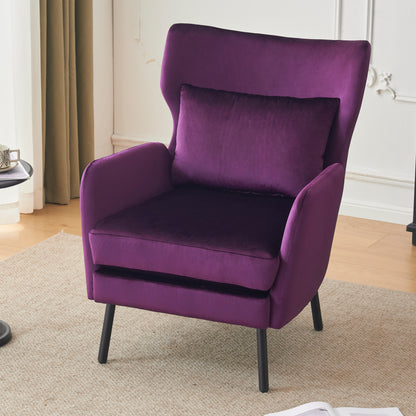 Velvet Accent Chair, Modern Living Room Armchair Comfy Upholstered Single Sofa Chair for Bedroom Dorms Reading Reception Room with Metal Legs & Pillow, Purple