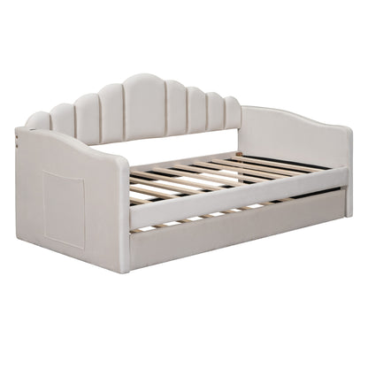 Twin size Upholstered Daybed with Trundle,Velvet Sofabed with USB Charging Ports,No Box-spring Needed,Beige