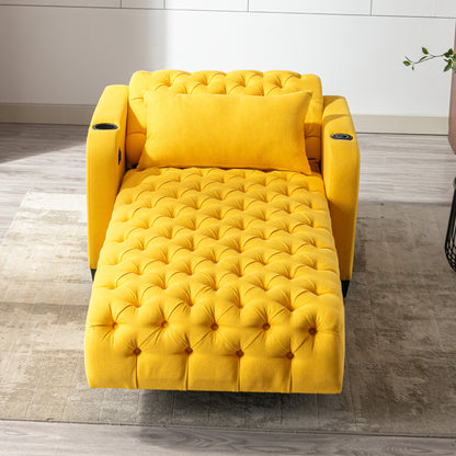 Multifunctional Living Room Leisure Chaise Lounge Barry Tufted Comfy Armchair Wireless Charging, Smooth Reclining Backrest & Lumbar Pillow for Home Apartment (Yellow linen)