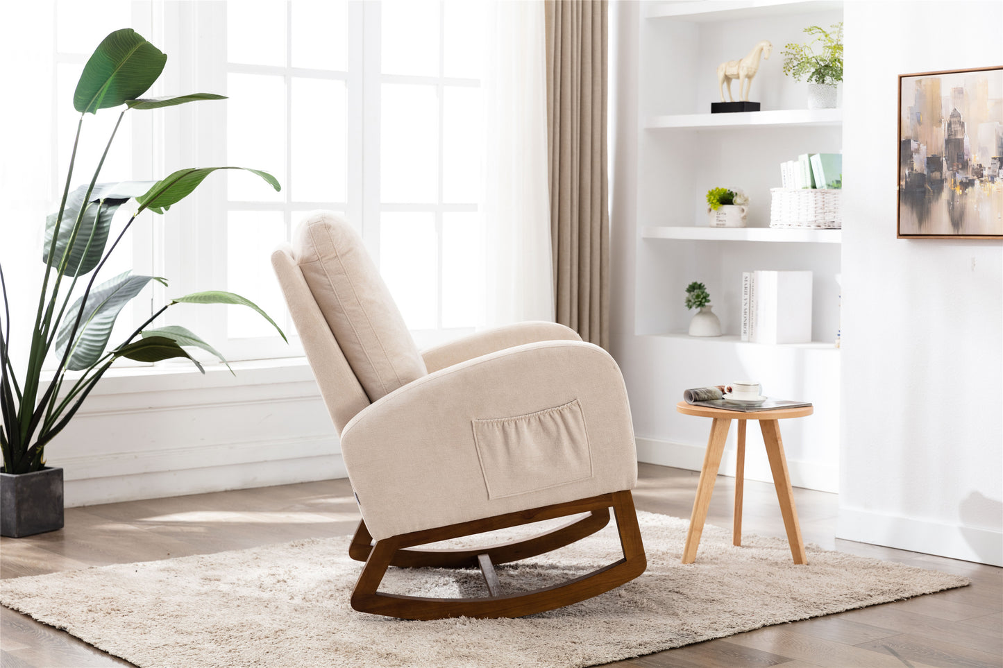 Rocking Chair, Modern Glider Chair, Recliner Armchair with Wood Legs and Side Pocket, Nursery Rocking Accent Chair with High Back for Living Room Bedroom (Beige linen)