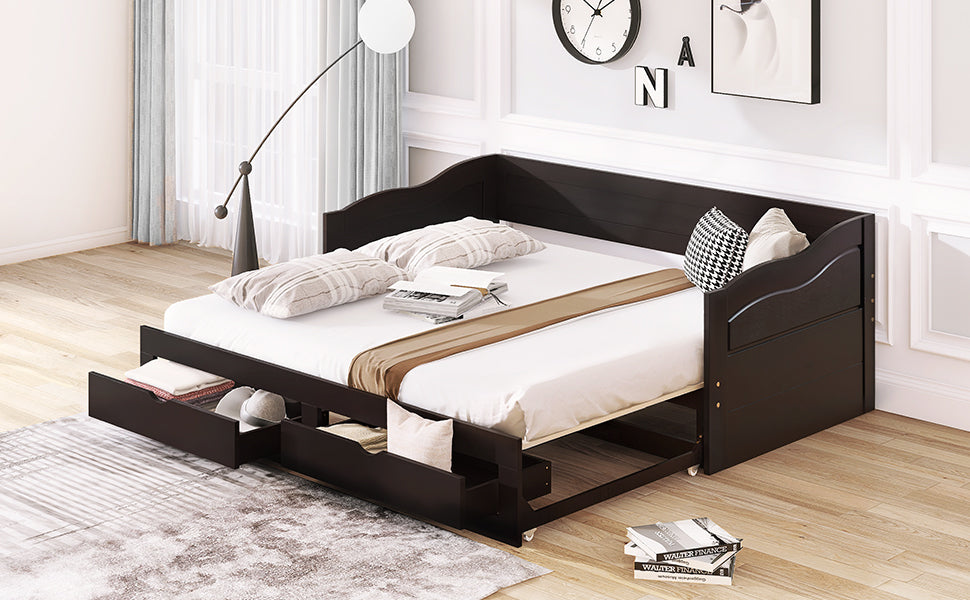 Wooden Daybed with Trundle Bed and Two Storage Drawers, Extendable Bed Daybed,Sofa Bed with Two Drawers, Espresso