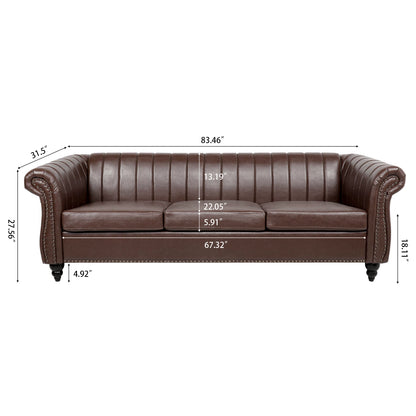 83.46'' Brown PU Rolled Arm Chesterfield Three Seater Sofa.