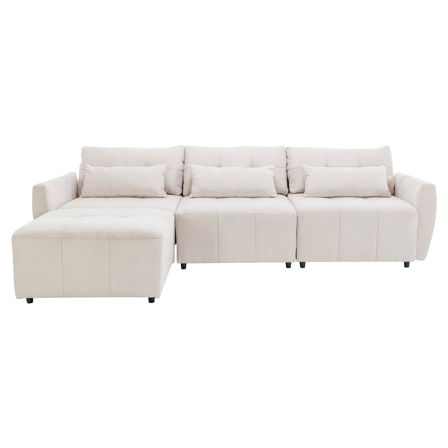 113.3" Convertible Sectional Sofa Couch 3-Seat L-Shaped Sofa with Movable Ottoman and USB for Apartment, Living Room, Bedroom, Beige