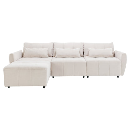 113.3" Convertible Sectional Sofa Couch 3-Seat L-Shaped Sofa with Movable Ottoman and USB for Apartment, Living Room, Bedroom, Beige