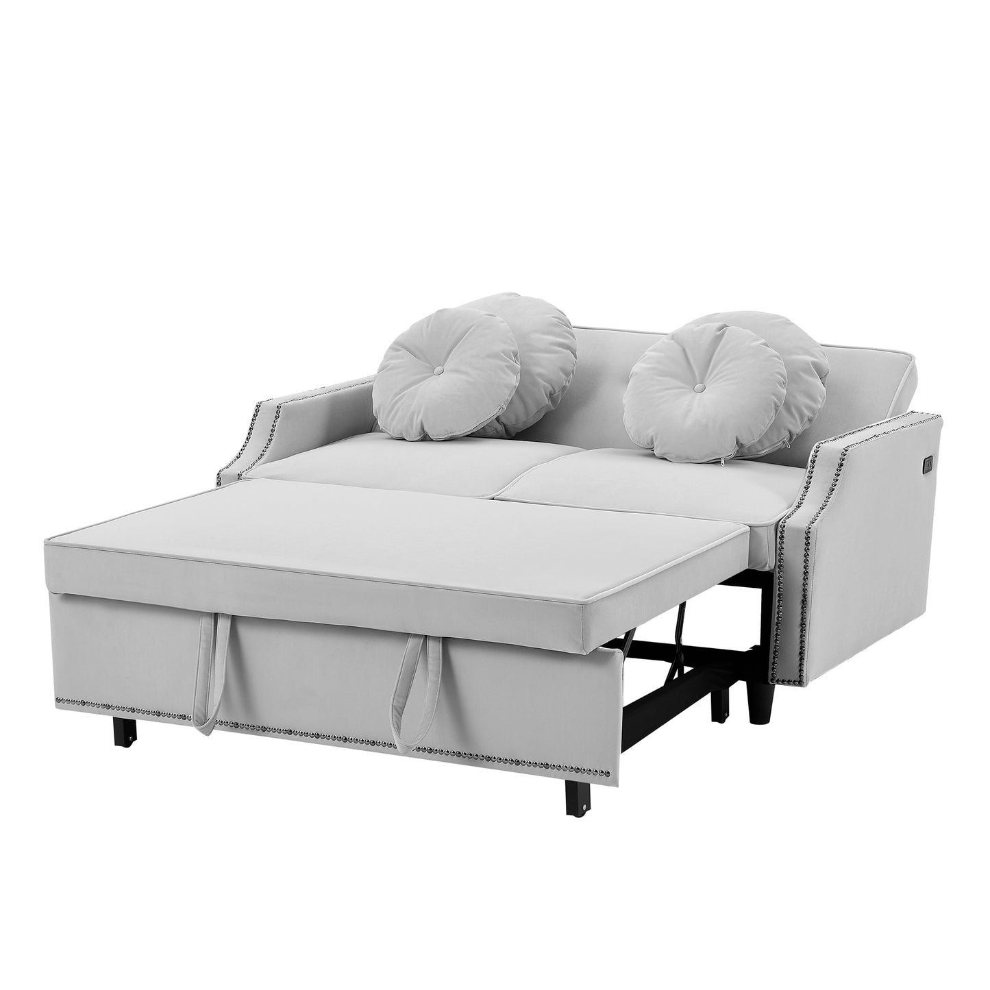 54.7" Multiple Adjustable Positions Sofa Bed Stylish Sofa Bed with a Button Tufted Backrest, Two USB Ports and Four Floral Lumbar Pillows for Living Room, Bedroom,or Small Space, Light Grey