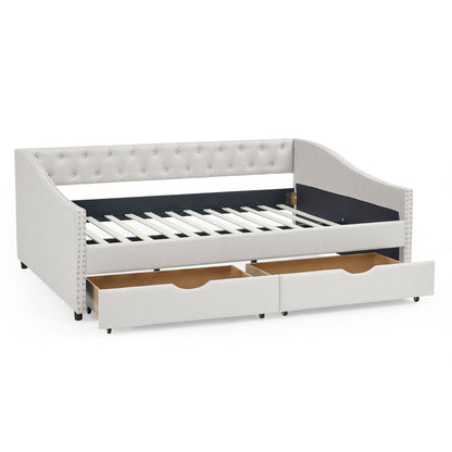 Full Size Daybed with Drawers Upholstered Tufted Sofa Bed, with Button on Back and Copper Nail on Waved Shape Arms, Beige (80.5''x55.5''x27.5'')