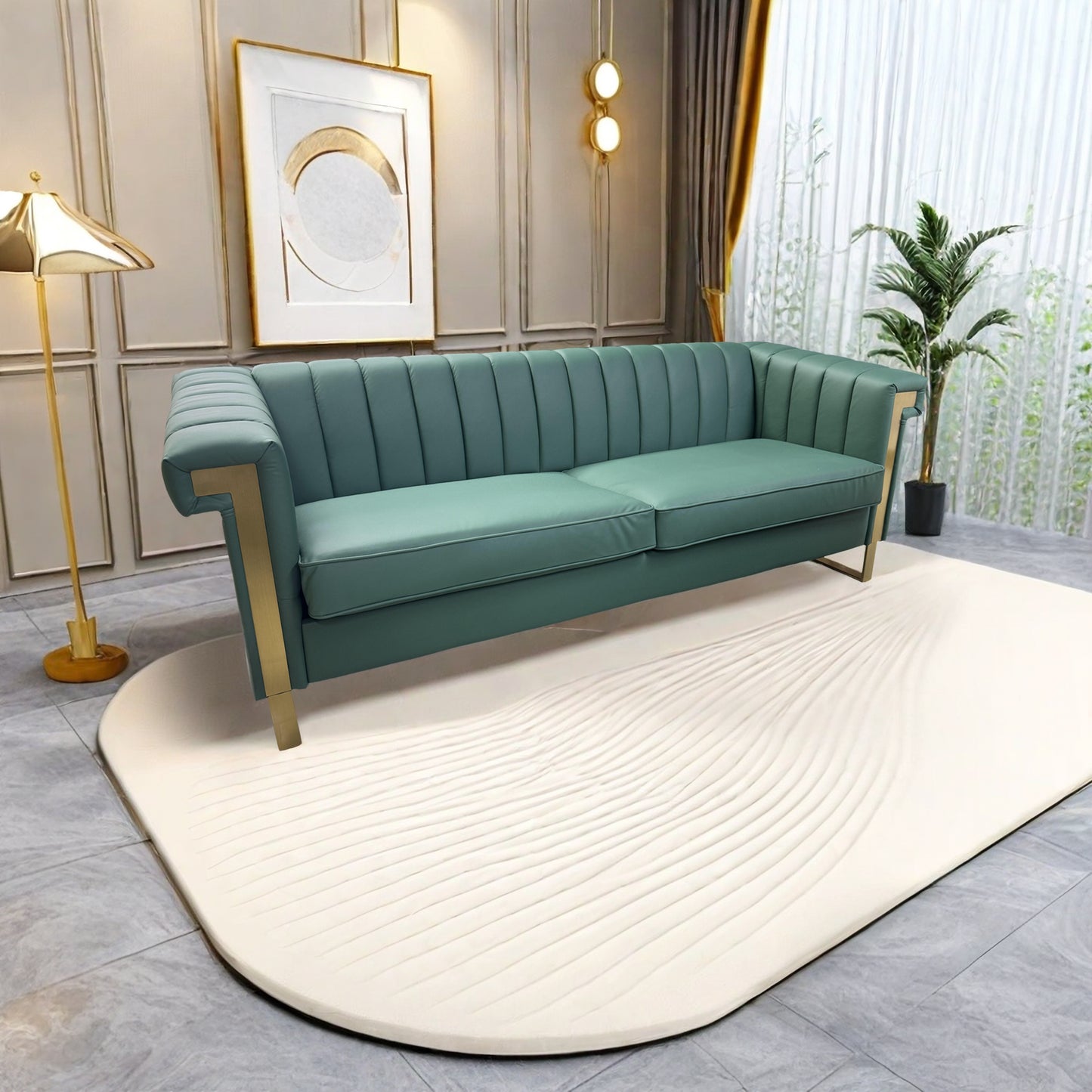 SOFA Modern Green PU Sofa with Gold Accents - Sleek Channel-Tufted Upholstery, 3-Seat Couch for Living Room and Office Decor