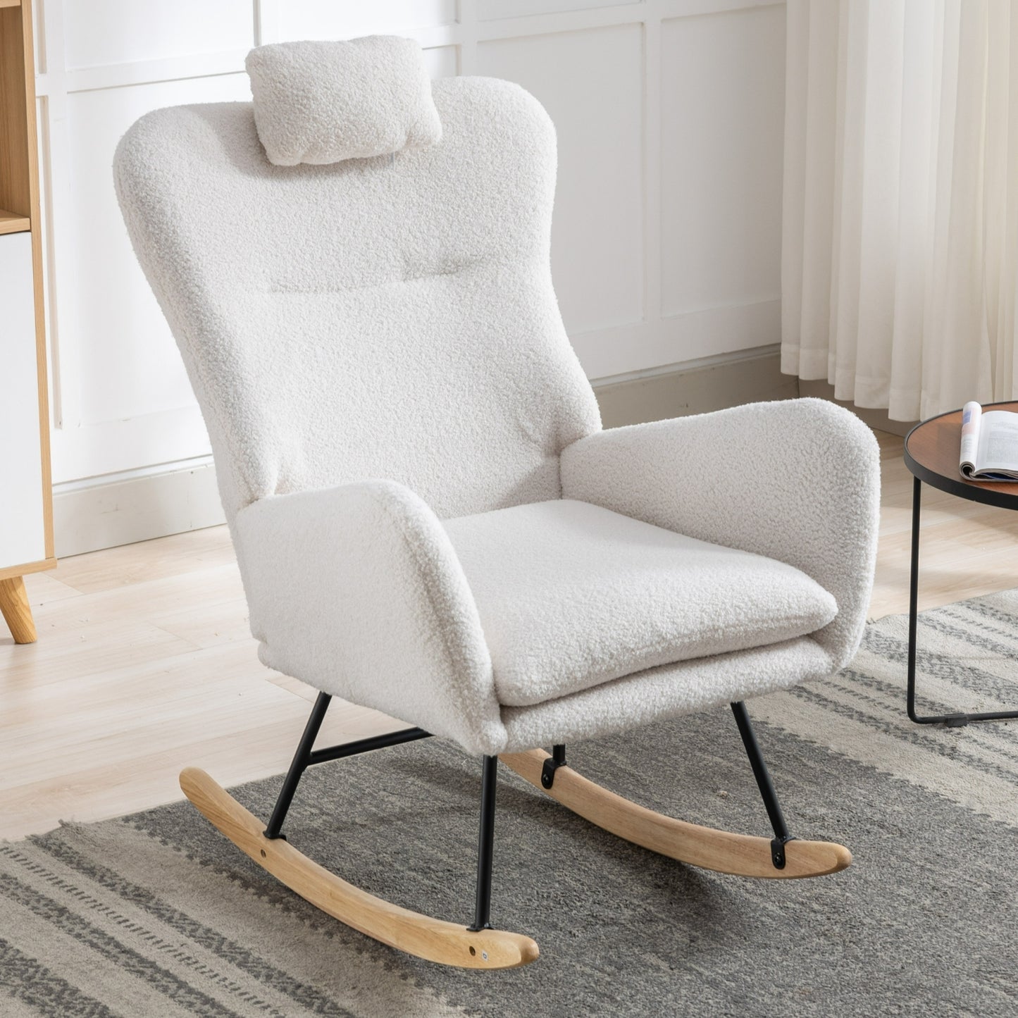 35.5 inch Rocking Chair with Pocket, Soft Teddy Fabric Rocking Chair for Nursery, Comfy Wingback Glider Rocker with Safe Solid Wood Base for Living Room Bedroom Balcony (white)