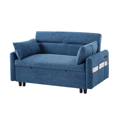 55.1" Pull Out Sleep Sofa Bed Loveseats Sofa Couch with Adjsutable Backrest, Storage Pockets, 2 Soft Pillows, USB Ports for Living Room, Bedroom, Apartment, Office, Blue (Old SKU WF307821AAC)