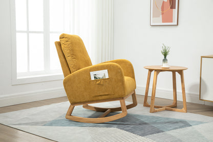 Rocking Chair, Modern Glider Chair, Recliner Armchair with Wood Legs and Side Pocket, Nursery Rocking Accent Chair with High Back for Living Room Bedroom (Mustard Yellow linen)