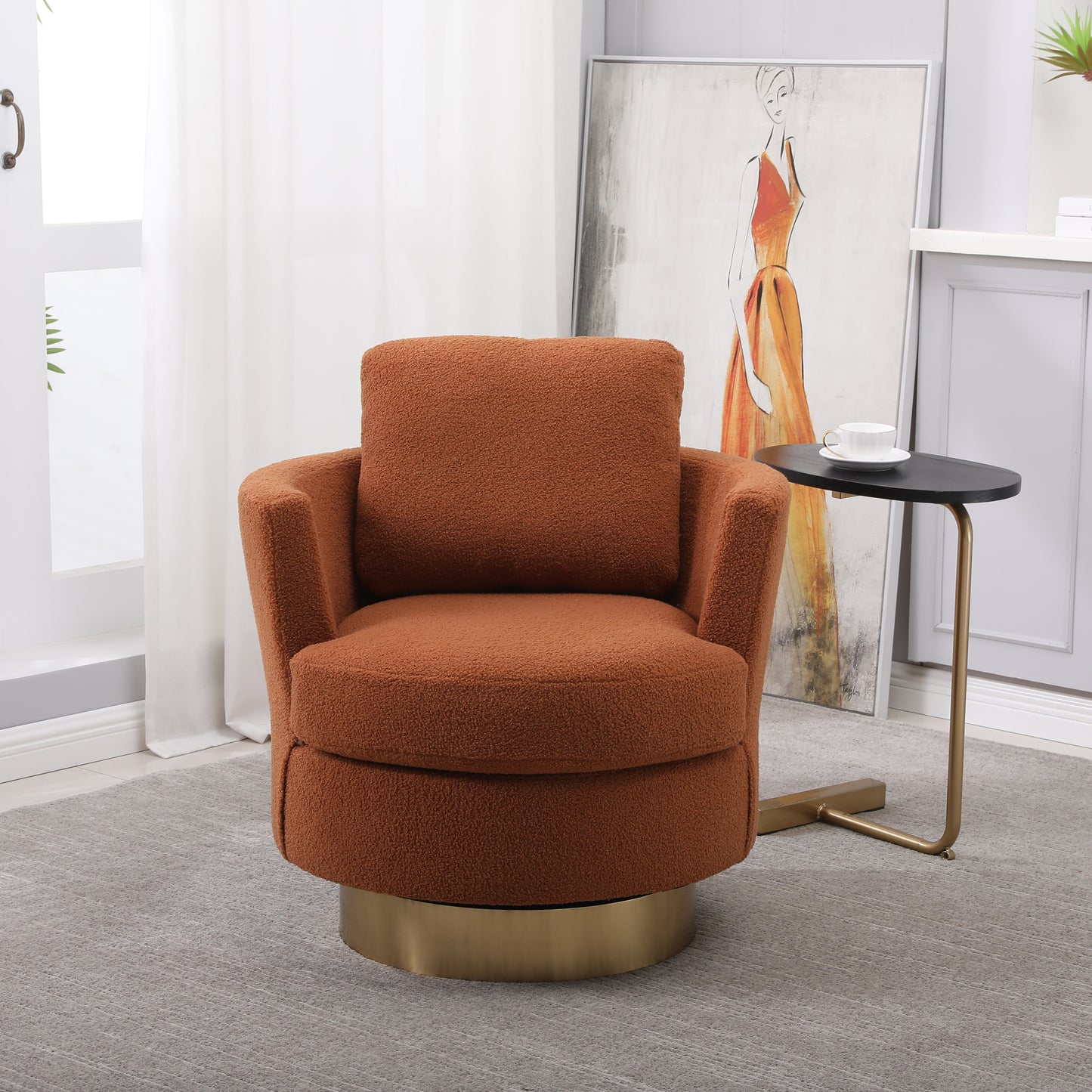 Teddy Swivel Barrel Chair, Swivel Accent Chairs Armchair for Living Room, Reading Chairs for Bedroom Comfy, Round Barrel Chairs with Gold Stainless Steel Base