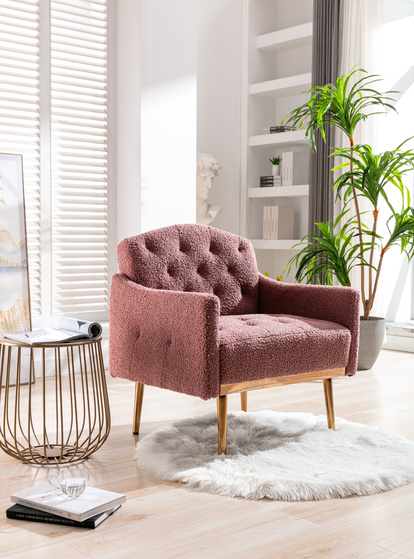 Modern Accent Chair with Arms, Tufted Decorative Fabric Armchair with Gold Metal Legs, Upholstered Reading Chair for Living Room Bedroom Office