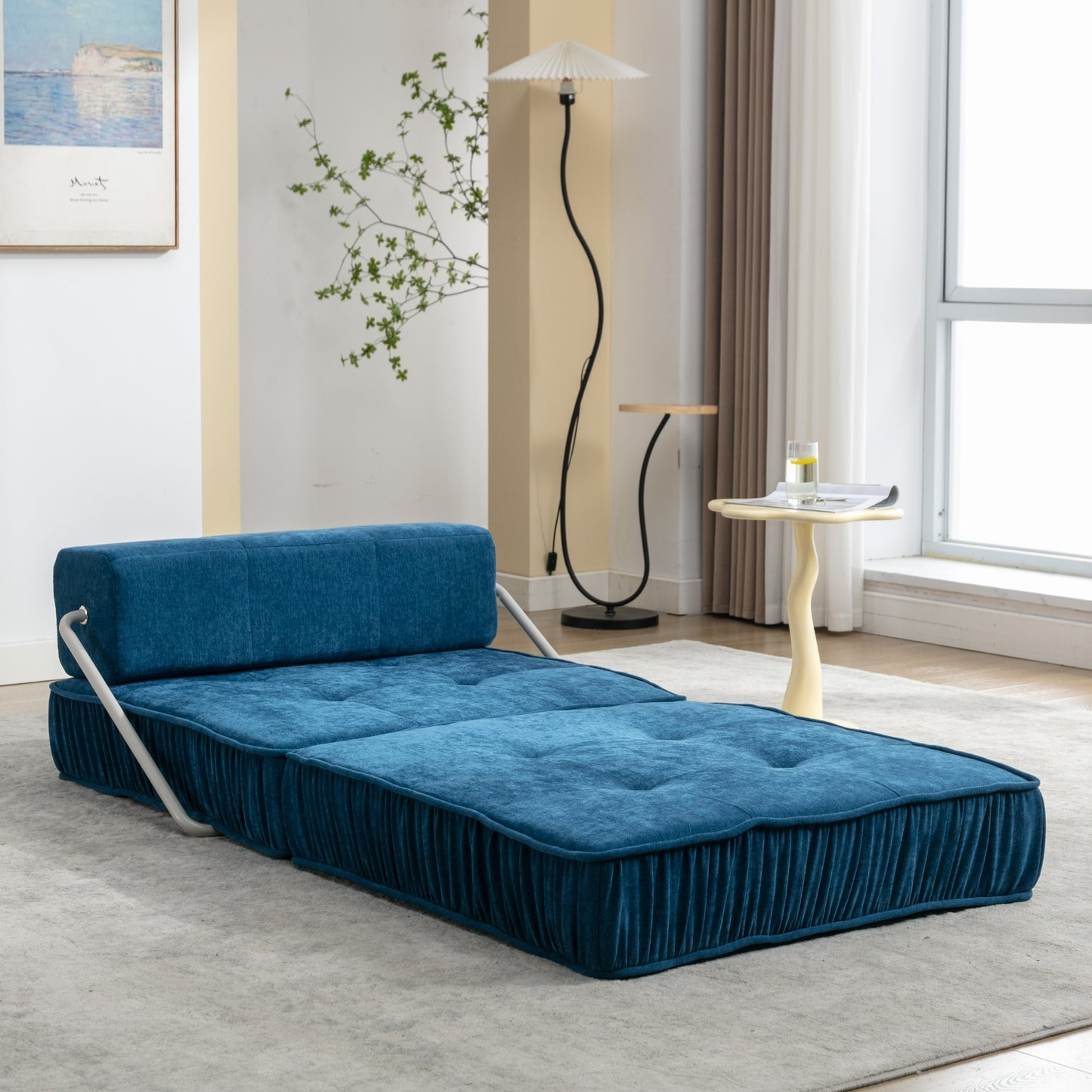 Folding Sofa Bed, Futon Sleeper Chair, Convertible Chair Floor Couch & Sleeping Mattress for Living Room, Guest Room, Home Office, Apartment, Small space, Bed, Removable Back Cushion, Blue, 1 Seat