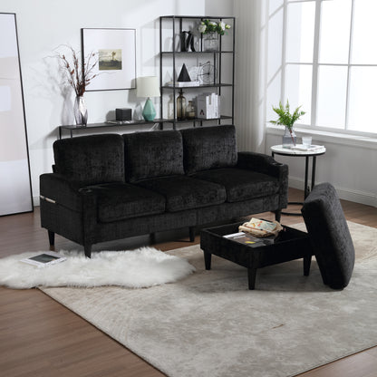 Sofa for three, solid wood frame, Chenille fabric, side pocket, with two cup holders, footstool with storagestorage sofa /Living room sofa cozy sectional sofa