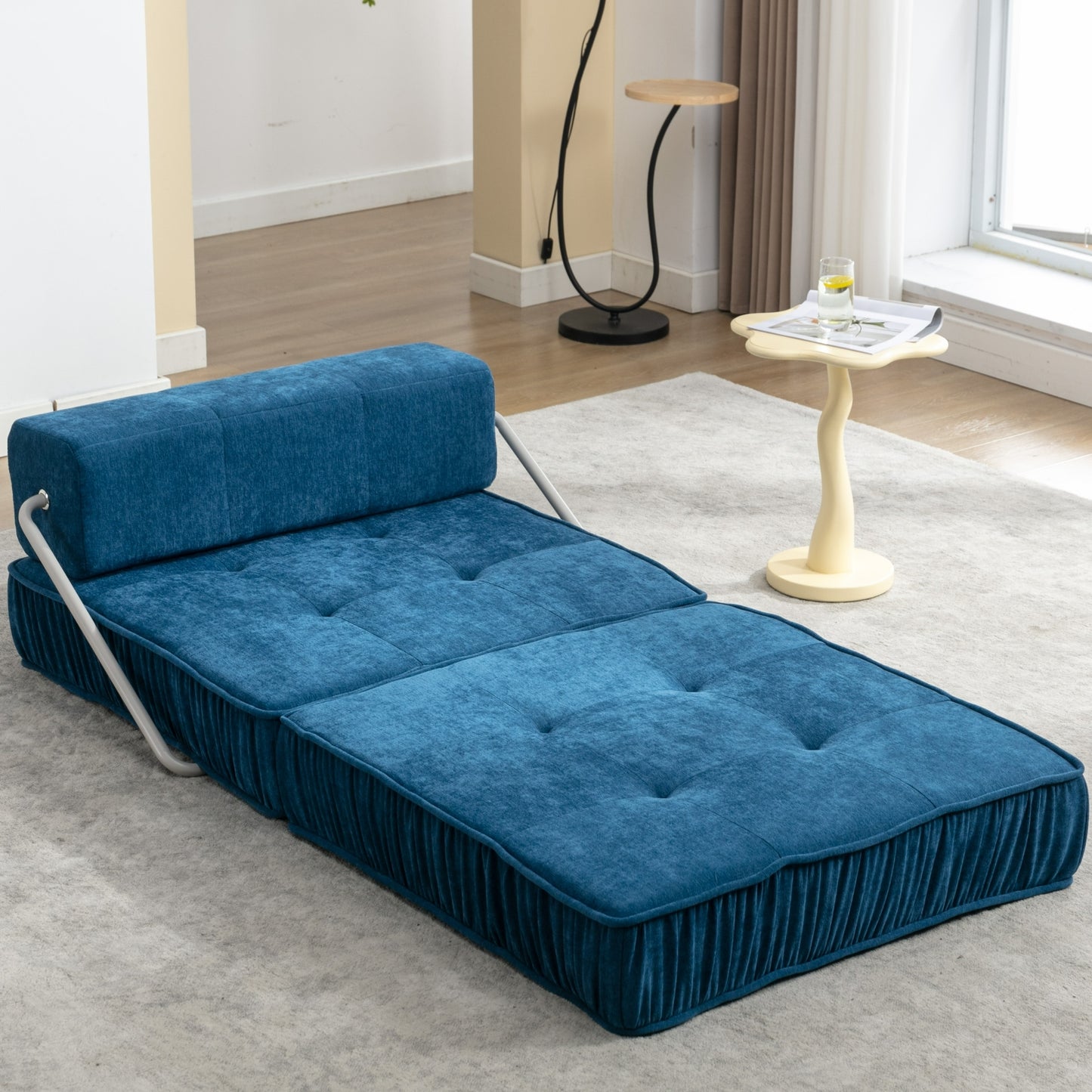 Folding Sofa Bed, Futon Sleeper Chair, Convertible Chair Floor Couch & Sleeping Mattress for Living Room, Guest Room, Home Office, Apartment, Small space, Bed, Removable Back Cushion, Blue, 1 Seat