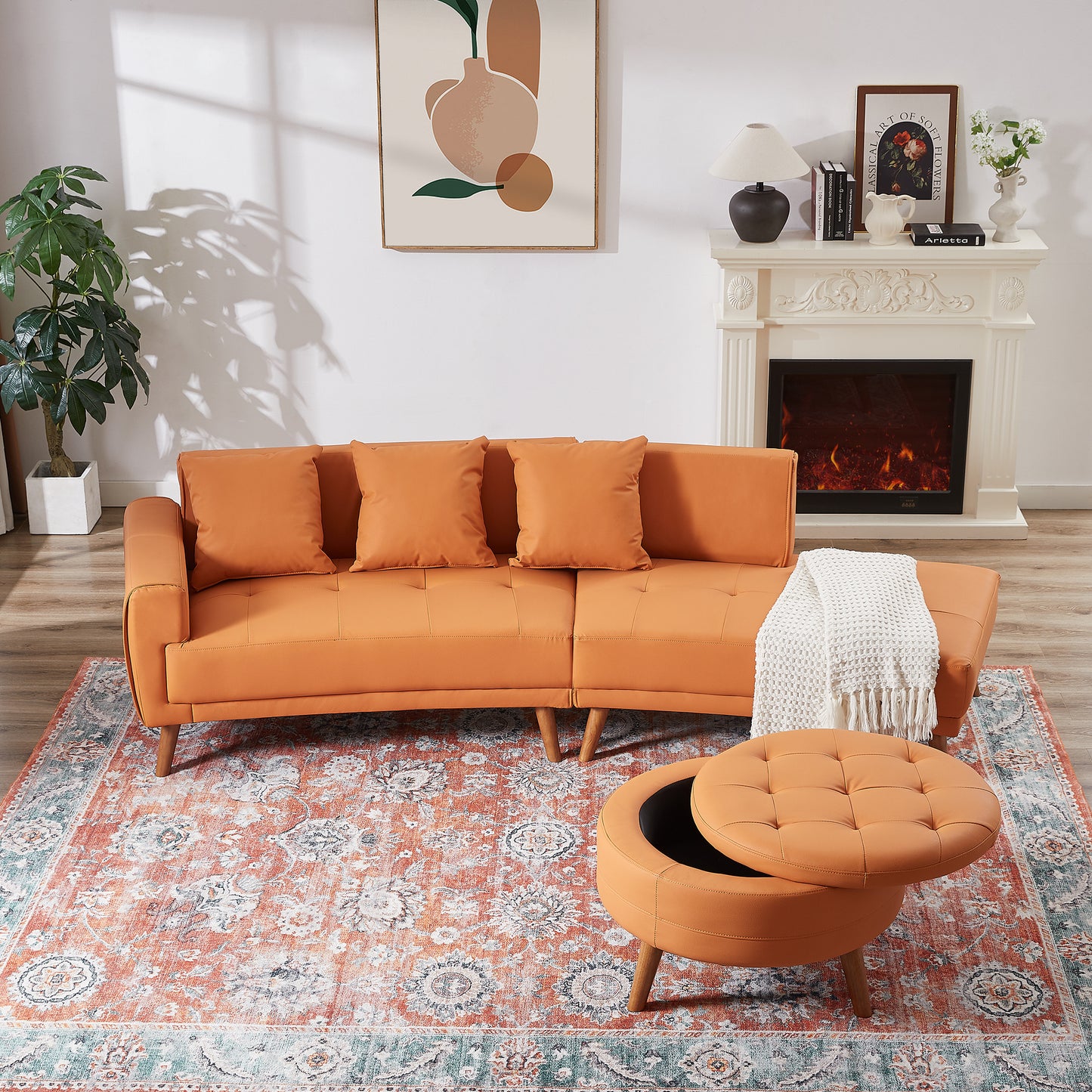 107" Contemporary Sofa Stylish Sofa Couch with a Round Storage Ottoman and Three Removable Pillows for Living Room, Orange