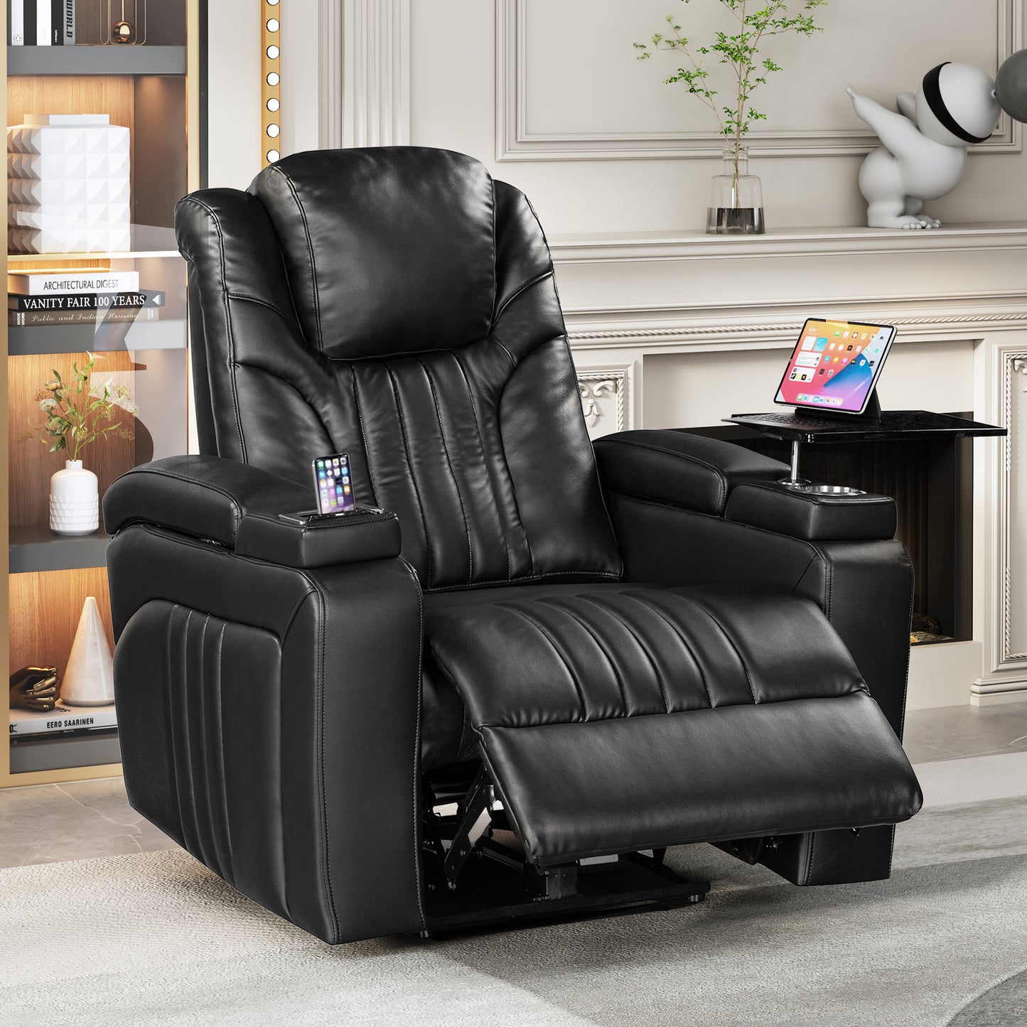 PU Leather Power Recliner Home Theater Recliner with Power Adjustable Headrest, Wireless Charging Device, USB Port, Storage Arms, Cup Holder and Swivel Tray Table for Living Room, Black