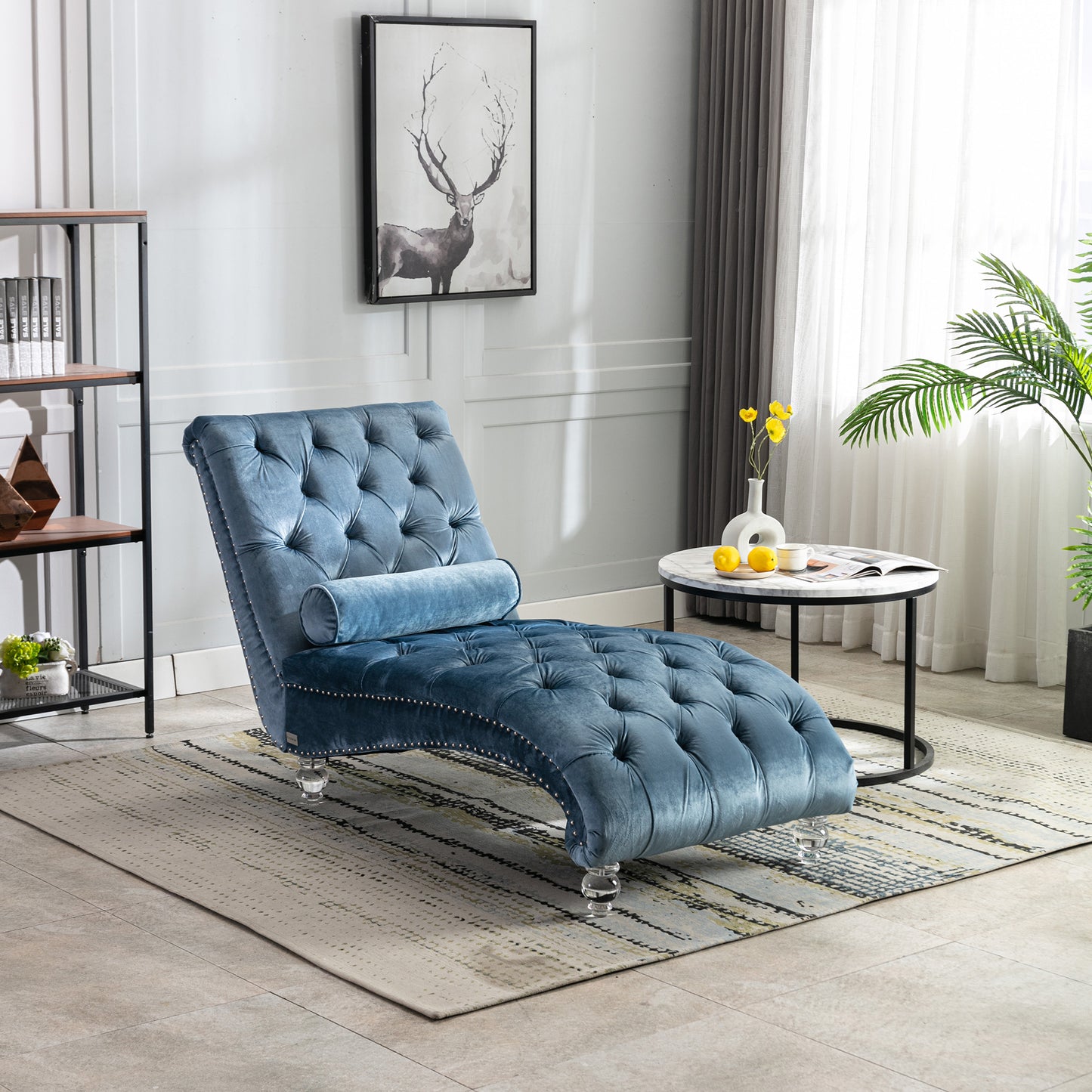 Velvet Chaise Lounge Indoor,Button-Tufted Upholstered Chaise Lounge Chair with Pillow for Bedroom Living Room Office (Light Blue Velvet)