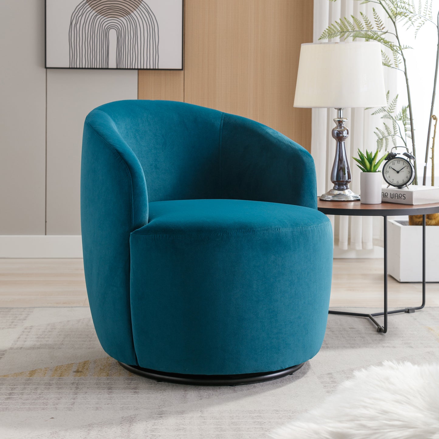 Velvet Fabric Swivel Accent Armchair Barrel Chair With Black Powder Coating Metal Ring,Teal