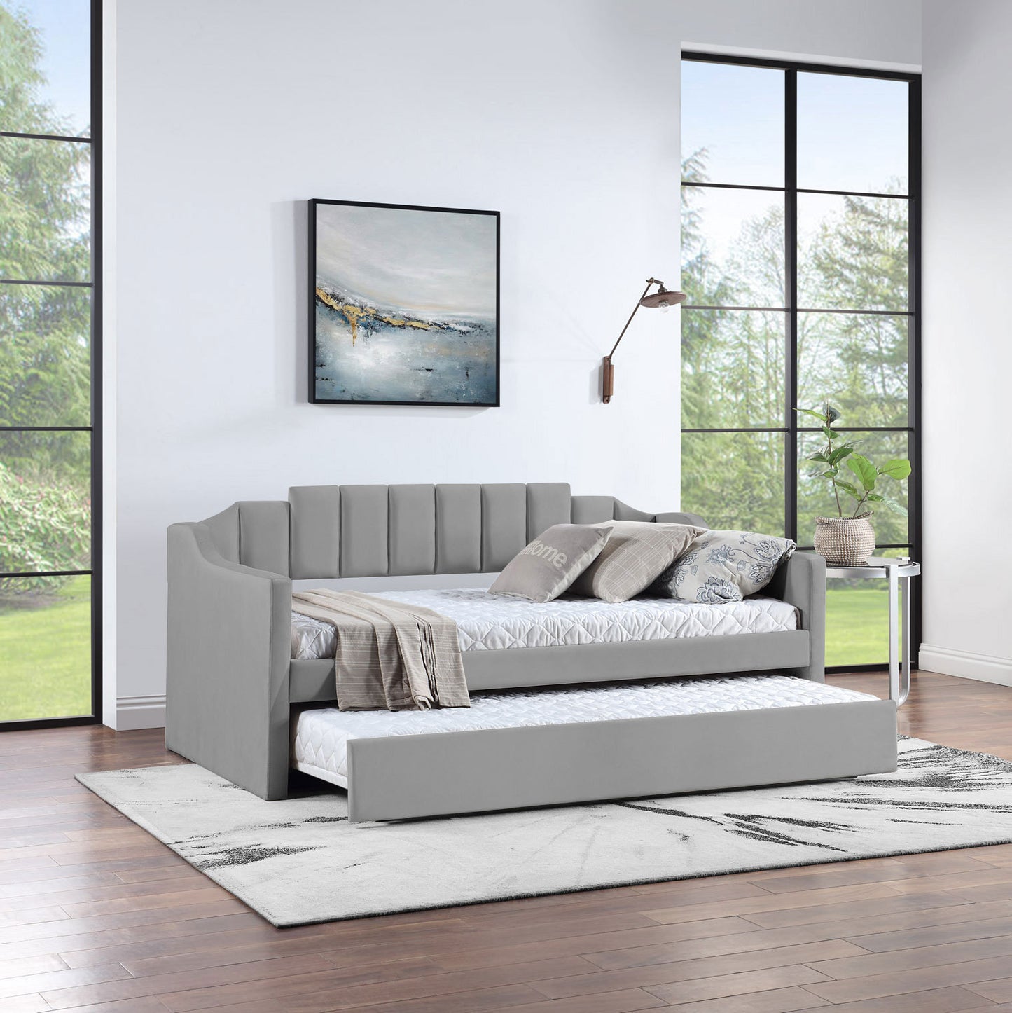 Velvet Daybed with Trundle Upholstered Tufted Sofa Bed, both Twin Size, Grey