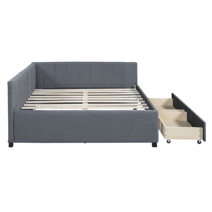 Full Size Upholstered Daybed with 2 Storage Drawers Sofa Bed Frame No Box Spring Needed, Linen Fabric (Gray)