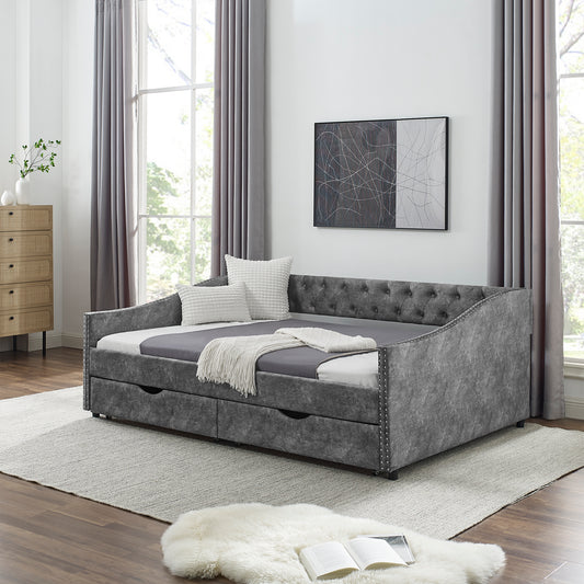 Full Size Daybed with Drawers Upholstered Tufted Sofa Bed, with Button on Back and Copper Nail on Waved Shape Arms, Grey (80.5''x55.5''x27.5'')