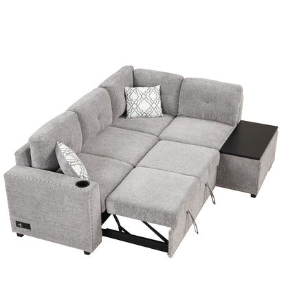 83.8" Sectional Pull-Out Sofa Bed L-Shaped Corner Sofa Couch with Storage Chaise, USB Ports, Power Sockets, Cup Holder for Living Room, Bedroom, Study, Light Gray