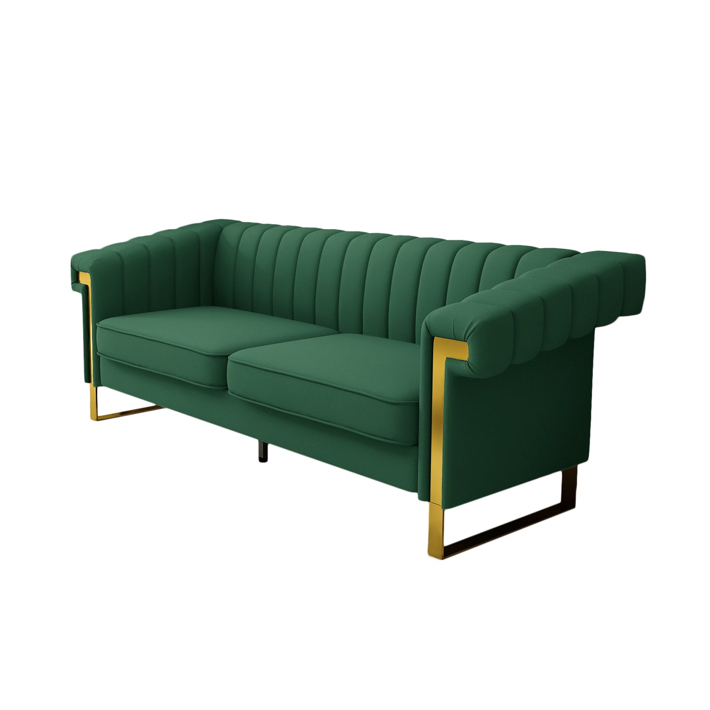 SOFA Modern Green PU Sofa with Gold Accents - Sleek Channel-Tufted Upholstery, 3-Seat Couch for Living Room and Office Decor