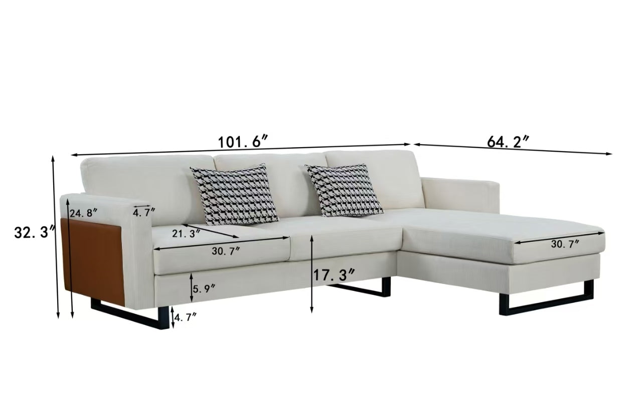 SOFA The best choice products upholstered sectional sofa for families, apartments, dormitories, award rooms, compact space with chaise longue, 3 seats, L-shaped design, off-white