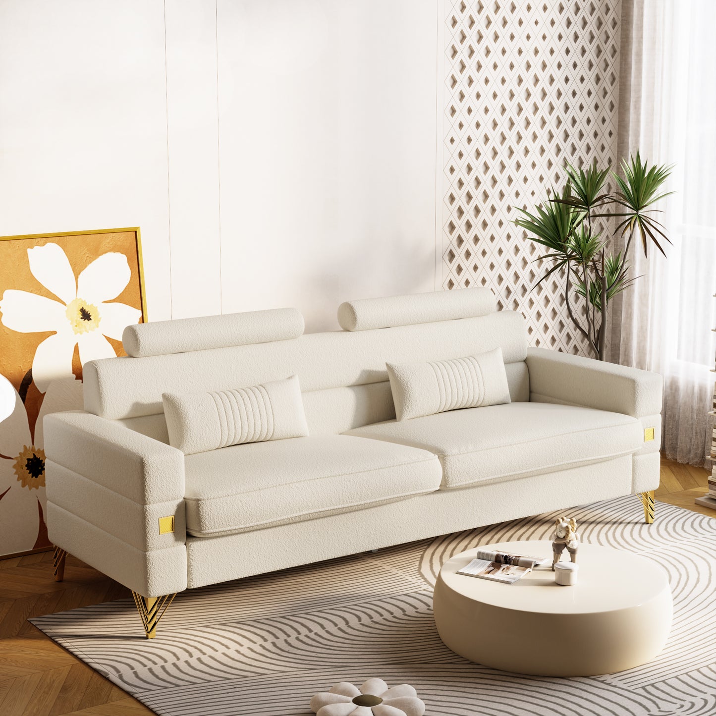 Elegant White Imitation wool circle fabric Sofa with Adjustable Headrests - Contemporary 3-Seat Couch with Gold Legs, Perfect for Living Room and Office Decor