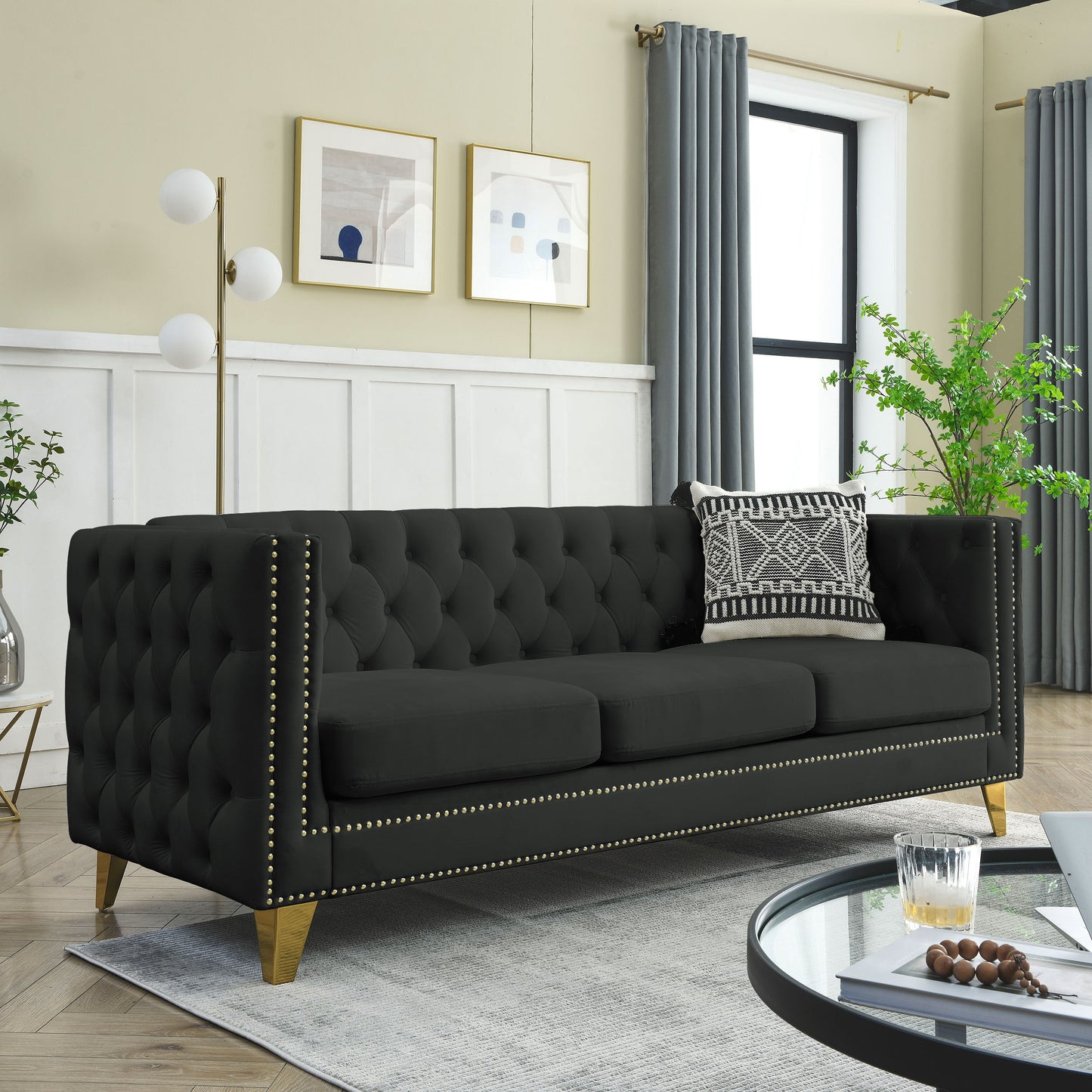 Velvet Sofa for Living Room,Buttons Tufted Square Arm Couch, Modern Couch Upholstered Button and Metal Legs, Sofa Couch for Bedroom, Black Velvet(W834S00022)